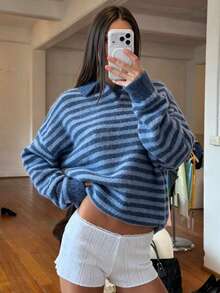 Women's Autumn/Winter New Loose Striped Preppy Style Pullover Polo Knit Sweater - Blue - View 1