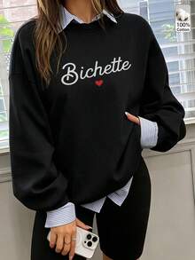 Oversized Women's Sweatshirt For Autumn/Winter, Casual Daily Wear, Long Sleeve Hoodie, Outerwear Top, Y2K, Letter Slogan Graphic, Unisex, Streetwear - Black - View 5