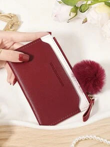 Fashionable And Minimalist Women's Credit Card Bag, With A Pom-Pom Charm, Convenient ID Window Certificate Package, Credit Card Storage Card Package - Burgundy - View 11