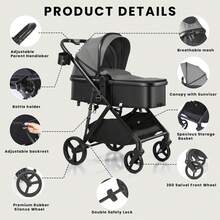 UBRAVOO 2-In-1 Baby Stroller – Foldable, Featuring A Reversible Seat, Canopy, Shopping Basket, And Cup Holder; Lightweight Design. - Khaki - View 4