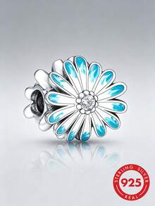 1pc 925 Sterling Silver Daisy Flower Charm, Zirconia & Blue Enamel Bead Silver Jewelry Jewellery For Women Halloween Bracelet Charm - Silver - View 1