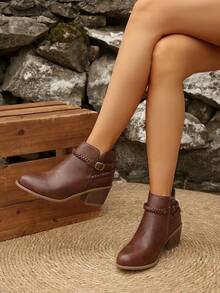 Women's Autumn/Winter New Vintage Western Style Woven Rope Buckle Ankle Boots, Chunky Heel Side Zipper Casual Ankle Boots - Brown - View 3