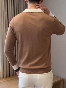 ALTZTAR Men's Patchwork Seagull Collar Long Sleeve Ribbed Knit Sweater - Brown - View 2