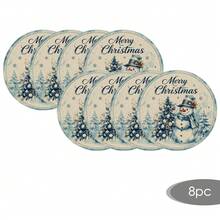 2/4/6/8/16pcs Round & Rectangular Placemats, Christmas Snowman Watercolor Christmas Tree Snowflake Print, Suitable For Home Kitchen Dining Table Decor And Christmas Party Atmosphere - Multicolor - View 17