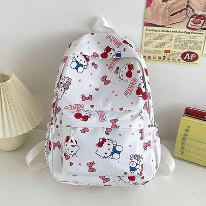 SANRIO Cute Cartoon Character Backpack, Suitable For Teenage Girls, Lightweight Nylon Casual Daily Use Bag, Cute Print School Bag, Suitable For School, College And Travel