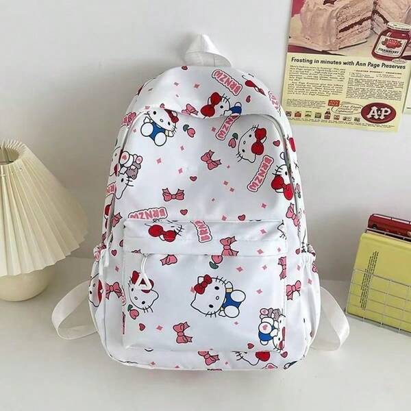 SANRIO Cute Cartoon Character Backpack, Suitable For Teenage Girls, Lightweight Nylon Casual Daily Use Bag, Cute Print School Bag, Suitable For School, College And Travel