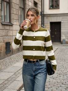 Women's Regular Fit Colorblock Striped Knit Cardigan Sweater, Fashionable For Vacation, Office, Daily Wear, Dating, Travel, Spring, Summer, Autumn, Winter - White - View 1