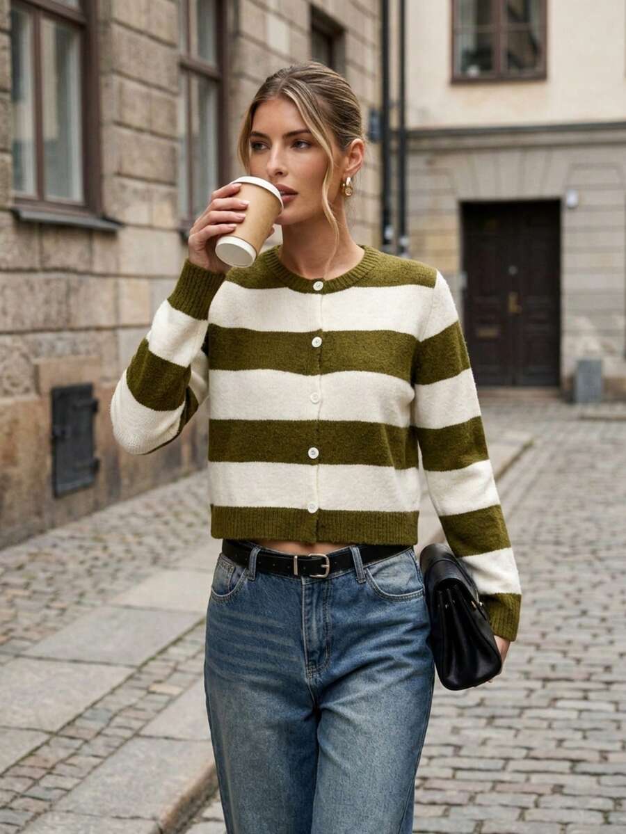Women's Regular Fit Colorblock Striped Knit Cardigan Sweater, Fashionable For Vacation, Office, Daily Wear, Dating, Travel, Spring, Summer, Autumn, Winter - White - View 1