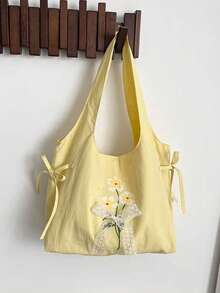 Korean Style Large Capacity Canvas Tote Bag For Women, Foldable Campus Bag, Suitable For College Students Commuting And Travel, Drawstring Cloud Design Shoulder Student Bag - Yellow - View 7