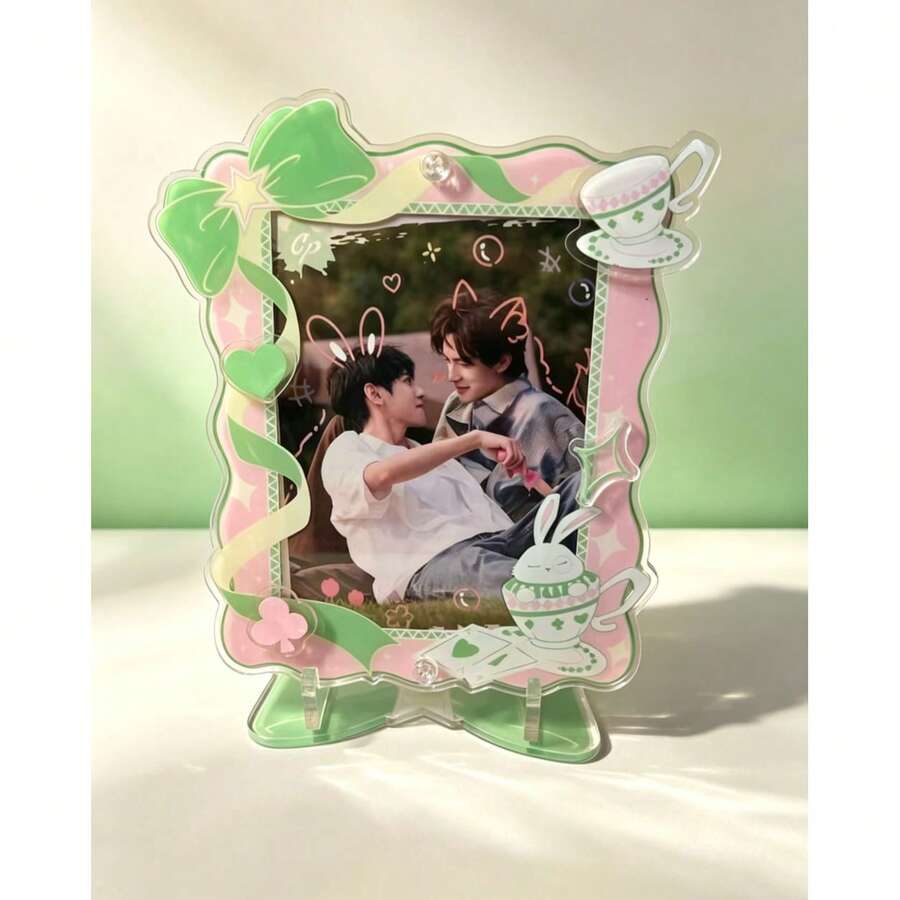 Pink & Green Argyle Acrylic Photo Frame, 3 Inch Small Card Holder Stand, Photo Frame, Fridge Magnet, Suitable For Cats, Dogs, Anime Cards, Room Decor, Desk Ornament, Magnetic Acrylic Photo Frame With Magnet Refrigerator Sticker Decoration. (Frame Only, No Photo) - Pink Green Diamond Pattern Photo Frame - View 1