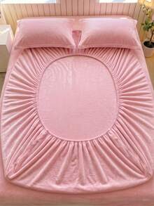 3-Piece Solid Color Velvet Bedding Set, 1 Fitted Sheet + 2 Pillowcases, Soft & Warm Winter Fitted Sheet - Baby Pink - View 9