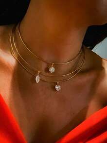 1pc Stainless Steel 18K Gold Fashion Gold Zirconia Inlaid Pendant Necklace - Gold - View 2
