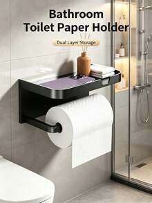 1pc/10pcs Modern Minimalist Metal Wall-Mounted Toilet Paper Holder, Rectangular Shelf Design, Integrated Top Storage Tray And Toilet Paper Roll Holder, Multi-Functional Storage Organizer, Bathroom Restroom Home Indoor Daily Use - Multicolor - View 3