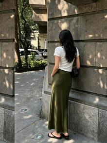 1pc Solid Color Casual Elegant Denim Zipper A-Line Skirt, Suitable For Daily Wear In Summer - Green - View 4