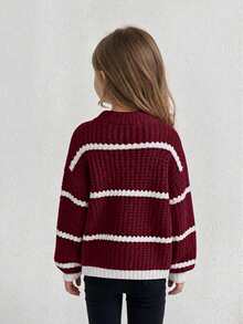 1pc Teen Girls Half-High Neck Knitted Sweater, Burgundy And White Color Block Horizontal Stripes, Chunky Knit Lantern Long Sleeve Loose Fit, Spring/Autumn Vintage Versatile Solid Color Striped Base Layer Kids Clothing - Red - View 3