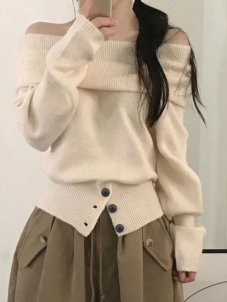 Women's Off-Shoulder Sweater, New Autumn/Winter Niche French Design, Soft And Comfortable Pullover Knit Top - Apricot - View 1