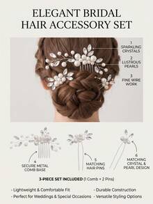3pcs Elegant Faux Pearl & Rhinestone Twisted Hair Comb And U-Shaped Hair Pin Set, Forest Style Bridal Wedding Party Updo Hair Accessories, Beautiful Fairy-Like Pearl & Rhinestone Hair Ornaments, Versatile Hair Clips Combination For Wedding, Party, Photoshoot - Silver - View 4
