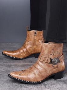 QRLQRL Men's Vintage Western Style Ankle Boots, Rivet Metal Buckle Wrinkled Texture Side Zipper Boots, Outdoor Travel Street Fashion Boots, Autumn/Winter - Brown - View 4