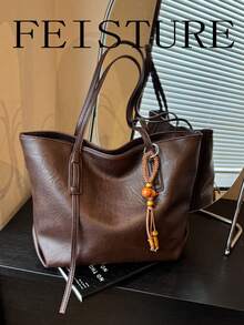 1pc Vintage Large Capacity Commuter Tote Bag, Zipper Closure, Pendant Decoration, Suitable For Daily Outing, Dating, Commuting - Coffee - View 10
