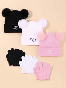 3 Sets / 6 Pieces Heart Embroidered Knitted Hat And Gloves Set - Perfect For Keeping Your Baby Warm During The Autumn And Winter Seasons. - Multicolor - View 8
