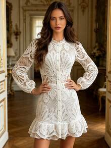 Vuslat Women's Autumn French Style Hollow Crochet White Mini Dress With Small Stand Collar And Half-Open V-Neck, Suitable For Daily Commute, Office, - White - View 6