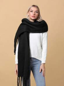 1pc Solid Color Women's Scarf With Tassel Trim, Suitable For Outdoor Activities, Windproof And Warm, Can Also Be Used As A Shawl - Black - View 5