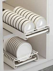 Pull-Out Cabinet Dish Rack, Drill-Free Sliding Dish & Bowl Storage Rack, Metal Draining Dish Rack, Kitchen Cabinet Space-Saving Tableware Storage Rack, Kitchen Countertop & Under-Sink Cabinet Storage Organizer - White - View 3