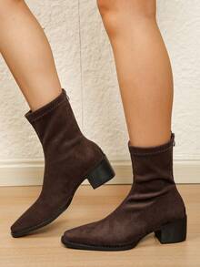 1 Pair Women's Fashion Solid Color Velvet-Feel Sexy Mid-Calf Boots, Versatile Comfortable Slouchy Leg Boots - Brown - View 5