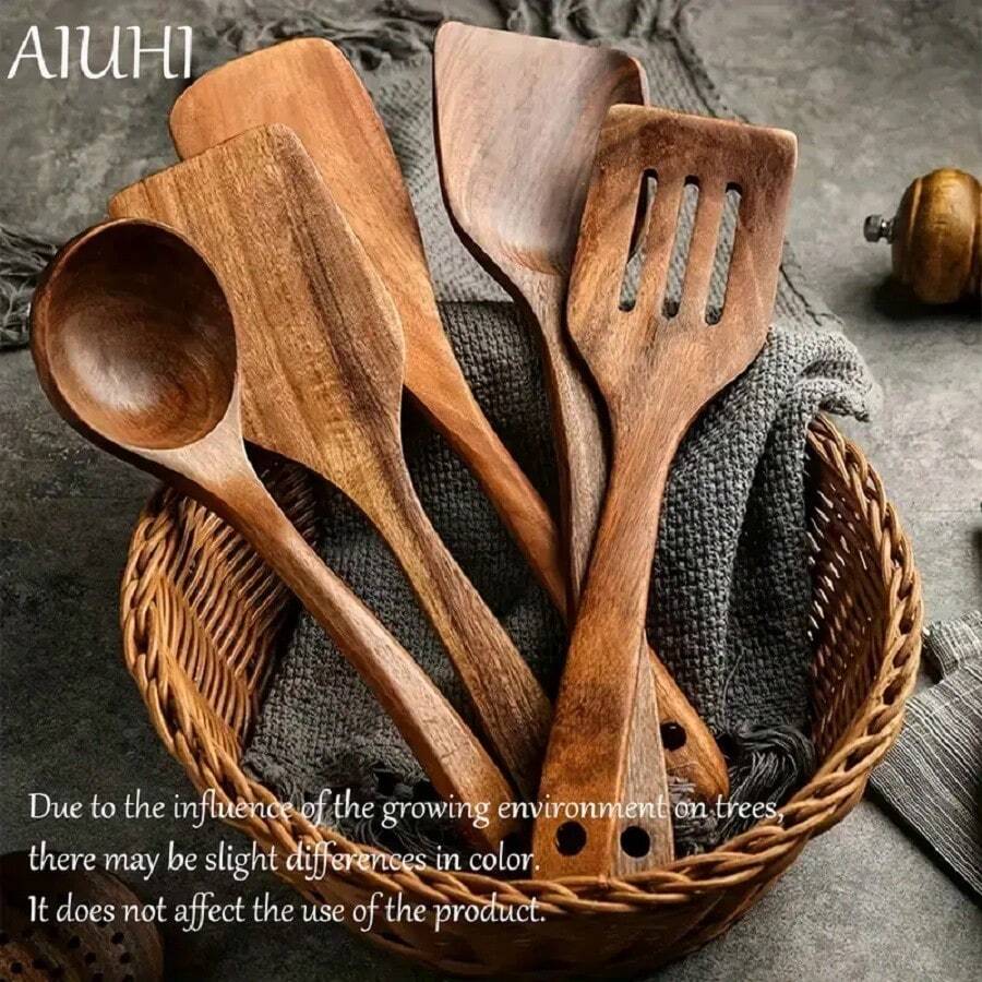 Peralatan Dapur Kayu - Sendok Kayu, Kayu Jati, Anti Lengket - Spatula Kayu, Tahan Lama - MultiWarna - View 1