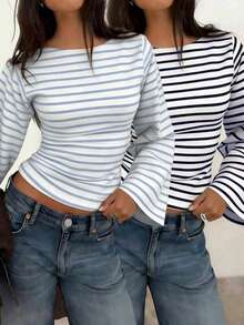 2pcs Women's Striped Knit Long Sleeve Tops, Boat Neck With Lantern Sleeves, Medium Stretch Fabric, Regular Length For Spring And Autumn - Blue Stripes + Black Stripes - View 1