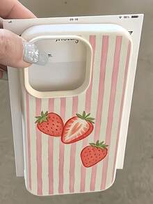 1pc White Striped Strawberry Personalized TPU Shockproof Full Coverage Phone Case Compatible With Apple 17 16 15 14 13 12 11 Pro Max Air And Series - Pink - View 4