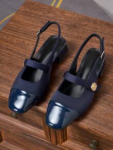 Women's All-Season Commuter High Heel Pumps, Square Toe Navy Blue Chunky Heel Mary Jane Shoes, Comfortable Versatile Slingback Sandals, Adjustable Hook And Loop Strap, Suitable For Shopping, Dating, Party, Gathering, Valentine's Day - Royal Blue - View 1