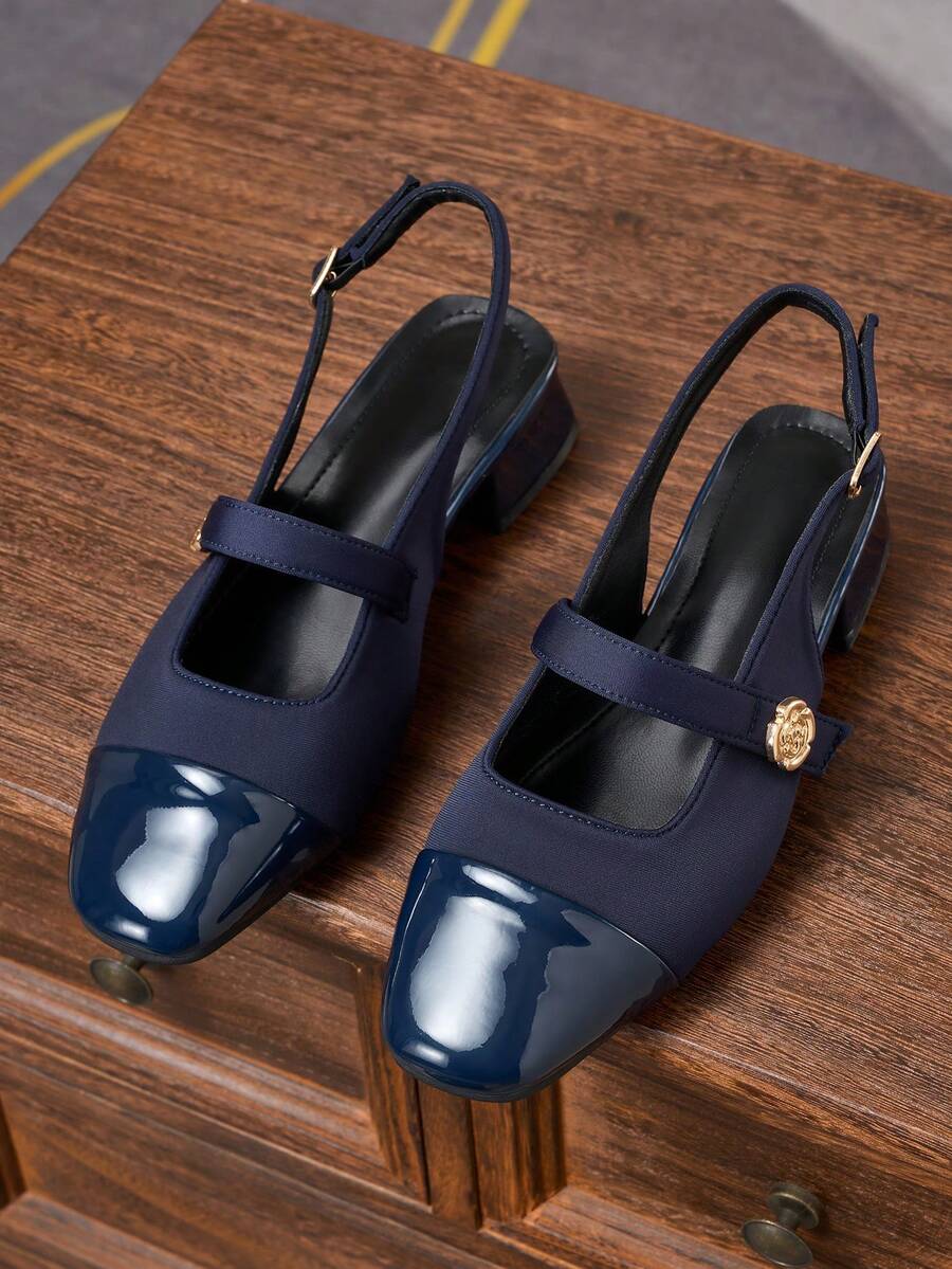 Women's All-Season Commuter High Heel Pumps, Square Toe Navy Blue Chunky Heel Mary Jane Shoes, Comfortable Versatile Slingback Sandals, Adjustable Hook And Loop Strap, Suitable For Shopping, Dating, Party, Gathering, Valentine's Day - Royal Blue - View 1
