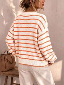 Women's Autumn/Winter Striped Knit Cardigan, V-Neck Loose Slouchy Orange & White Color Block Single-Breasted Sweater Jacket - White - View 2