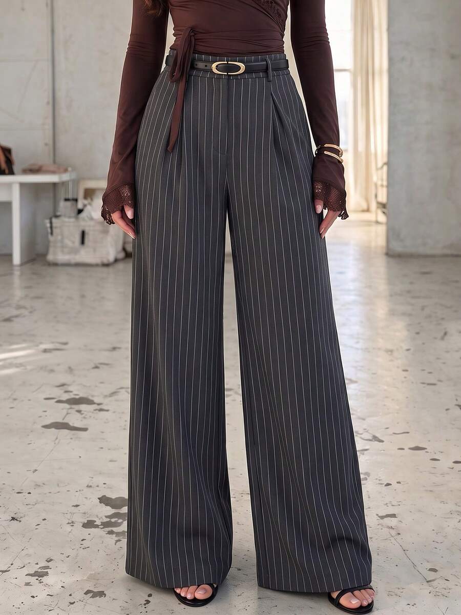 Women's Striped Pleated Wide Leg Loose Casual Commuter Long Pants - Grey - View 1
