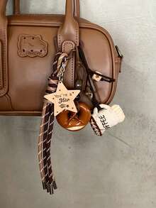 Cute Salted Pretzel Coffee Cup Keychain, Bag Decoration, Wooden Star Pendant Bag Charm, Bag Accessory, Aesthetic Braided Rope Key Accessory, Suitable For Backpacks And Handbags - Multicolor - View 9