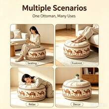 Vintage Bohemian Camel Print Ottoman Pouf, Premium Waterproof Faux Leather Round Stool, Stitched Padded Top, Versatile Footrest Extra Seating, Decorative Storage Bench For Boho, Mid-Century & Modern Home Interior - Multicolor - View 6