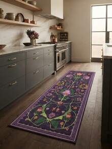1PC Vintage Botanical Bird Totem Deep Purple Long Runner Rug, Bohemian Style Faux Cashmere Rectangular Symmetrical Floral Vine Washable Runner Mat, Suitable For Living Room, Hallway, Entryway Home Decor - Multicolor - View 7