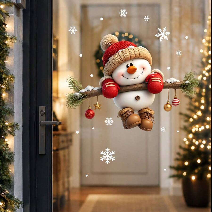 1/2pcs Snowman, Santa Claus, Reindeer Window Stickers, No Glue Static Adhesion, Reusable, Suitable For Shop Doors And Windows And Home Windows, Design Hanging On Pine Branches, Window Decoration