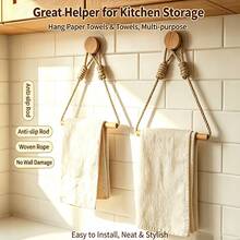 Rustic Hemp Rope And Wooden Stick Toilet Paper Holder - Wall-Mounted, Self-Adhesive, Decorative Bathroom Tissue Dispenser With Macrame Design, Toilet Paper Storage - Multicolor - View 1