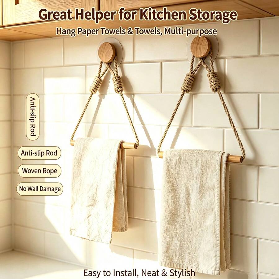 Rustic Hemp Rope And Wooden Stick Toilet Paper Holder - Wall-Mounted, Self-Adhesive, Decorative Bathroom Tissue Dispenser With Macrame Design, Toilet Paper Storage - Multicolor - View 1