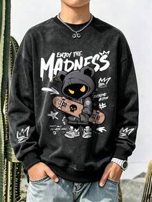 Boys' Vintage Style Crew Neck Sweatshirt, Comfortable And Soft Children's Clothing, Printed With Bear And Skateboard Pattern, Suitable For Autumn And Winter Wear - Black - View 2