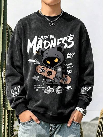 Boys' Vintage Style Crew Neck Sweatshirt, Comfortable And Soft Children's Clothing, Printed With Bear And Skateboard Pattern, Suitable For Autumn And Winter Wear