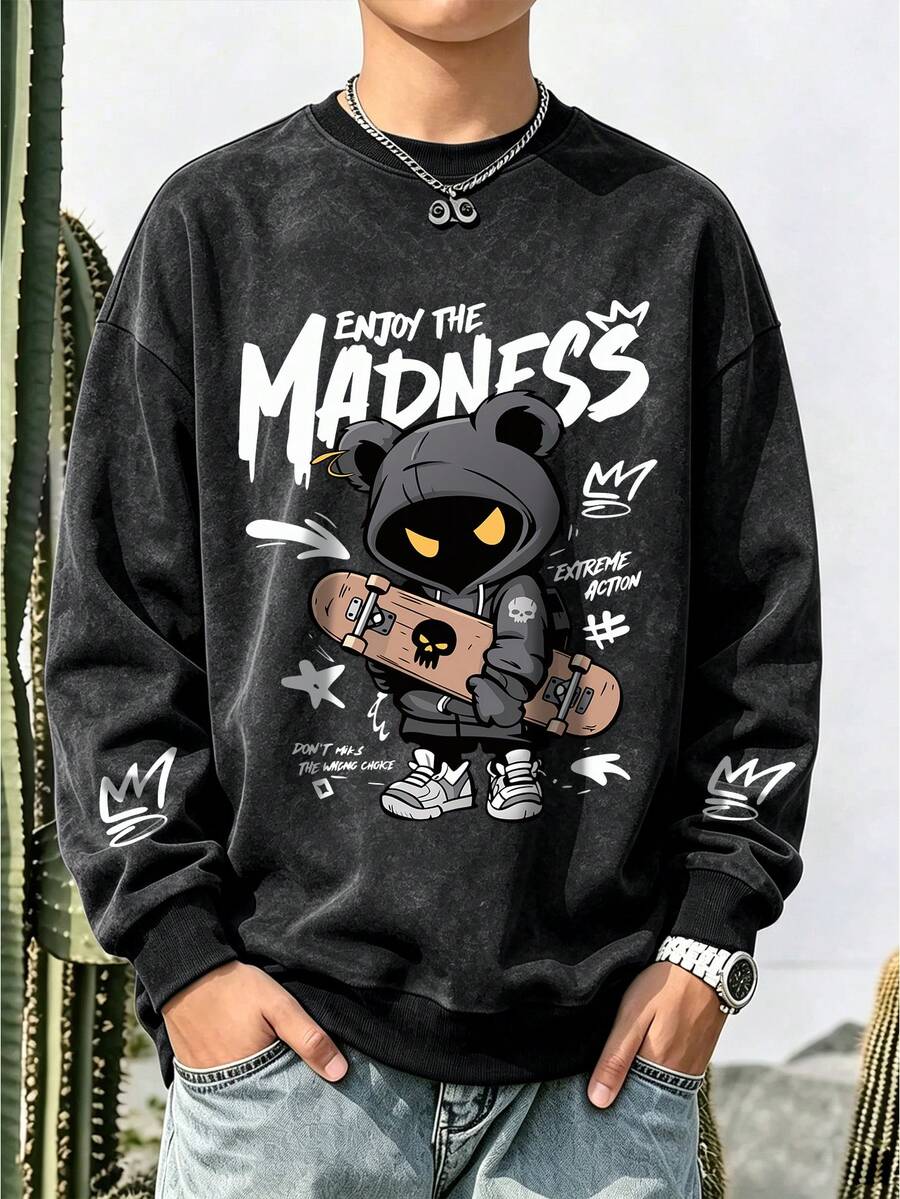 Boys' Vintage Style Crew Neck Sweatshirt, Comfortable And Soft Children's Clothing, Printed With Bear And Skateboard Pattern, Suitable For Autumn And Winter Wear - Black - View 1