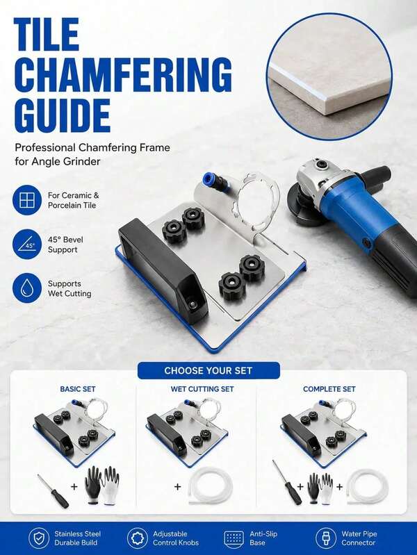 45° Tile Chamfering Guide For Angle Grinder, Stainless Steel Adjustable Miter Bevel Cutting Frame With Wet Cutting Connector, Anti-Slip Base For Ceramic Porcelain Stone Tile Edge Trimming & Corner Cutting