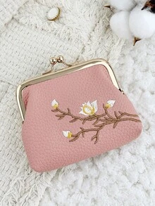 Fashionable Flower Embroidery Appearance, Multi-Functional And Compact Design With A Clip Opening And Closing, Portable Coin Purse And Card Bag - Pink - View 6
