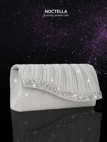 Noctella Sparkling Rhinestone Envelope Clutch Evening Bag, New Women's Shoulder Bag Party Bag, Paired With Sparkling Rhinestone Pendant Jewelry 2 Pieces Set, Luxury Rhinestone Pendant Necklace And Earrings, Matches Sequin Dress, Wedding Dress, Suitable For Party, Wedding, Gathering, Ball - Silver - View 6