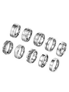 10PCS Fashion Mixed Men Stainless Steel Rings, Polished Plain Band, Rotatable Chain, Roman Numeral Band, High-Quality Jewelry, Gifts For Daily Wear - Silver - View 14