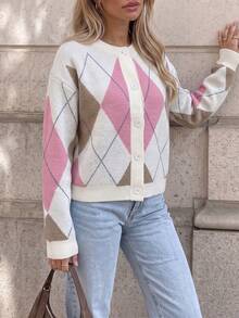 Cardigan Rajut Argyle Vintage Wanita, Lengan Panjang, Desain Detail Kancing, Sempurna untuk Dipakai di Musim Gugur/Musim Dingin. - MultiWarna - View 3