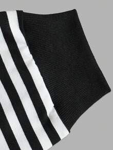 Women Fall Elegant Drawstring Hoodie, Striped Print Long Sleeve Cropped Loose Fit Holiday Festival Daily Tops - Black and White - View 5